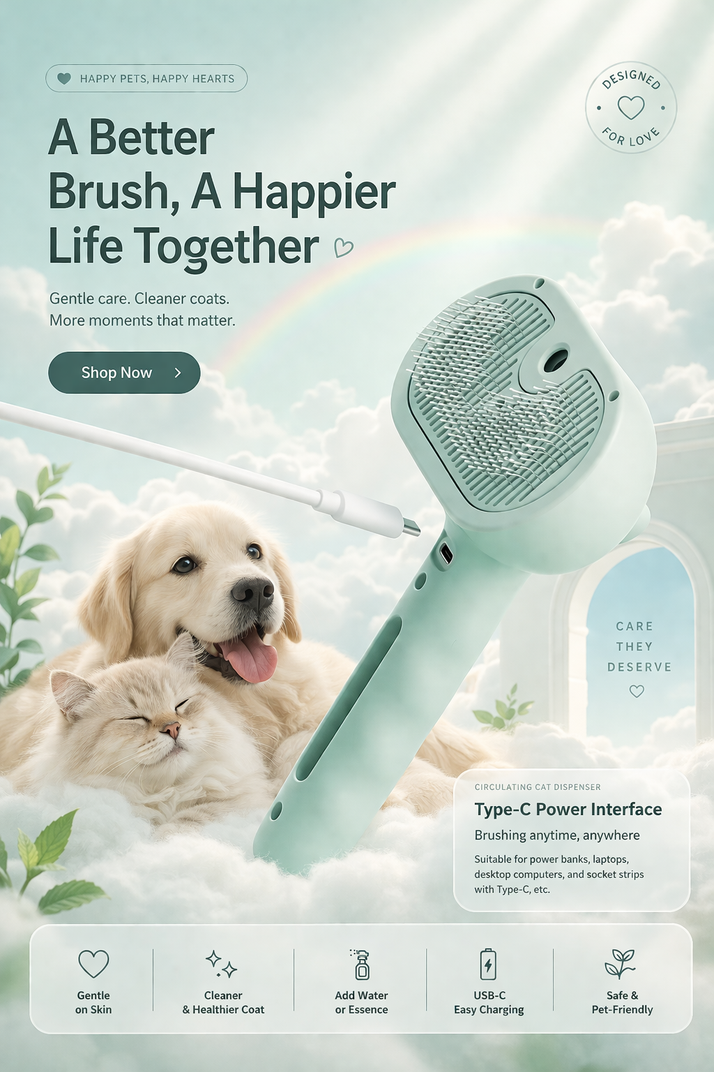 Pet Cleaning Grooming Dematting Mist Humidifier Hair Remover Brush